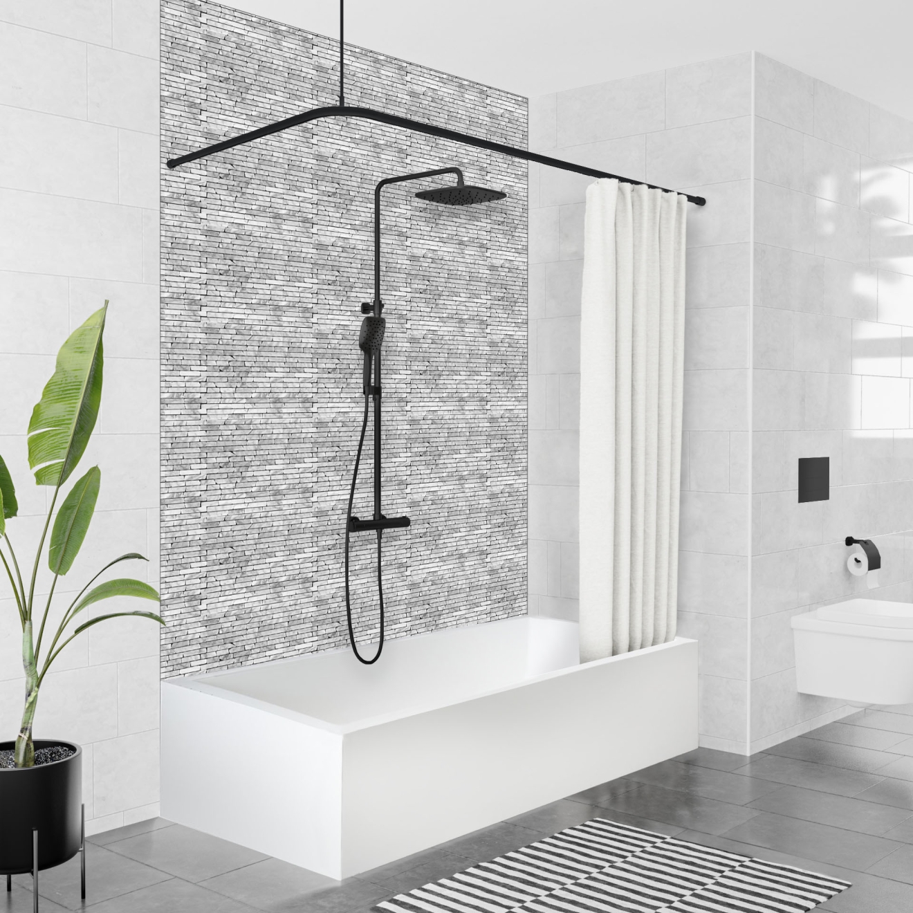 Duschvorhangstange Aluminium L-Form schwarz für die Badewanne 170 x 75 cm