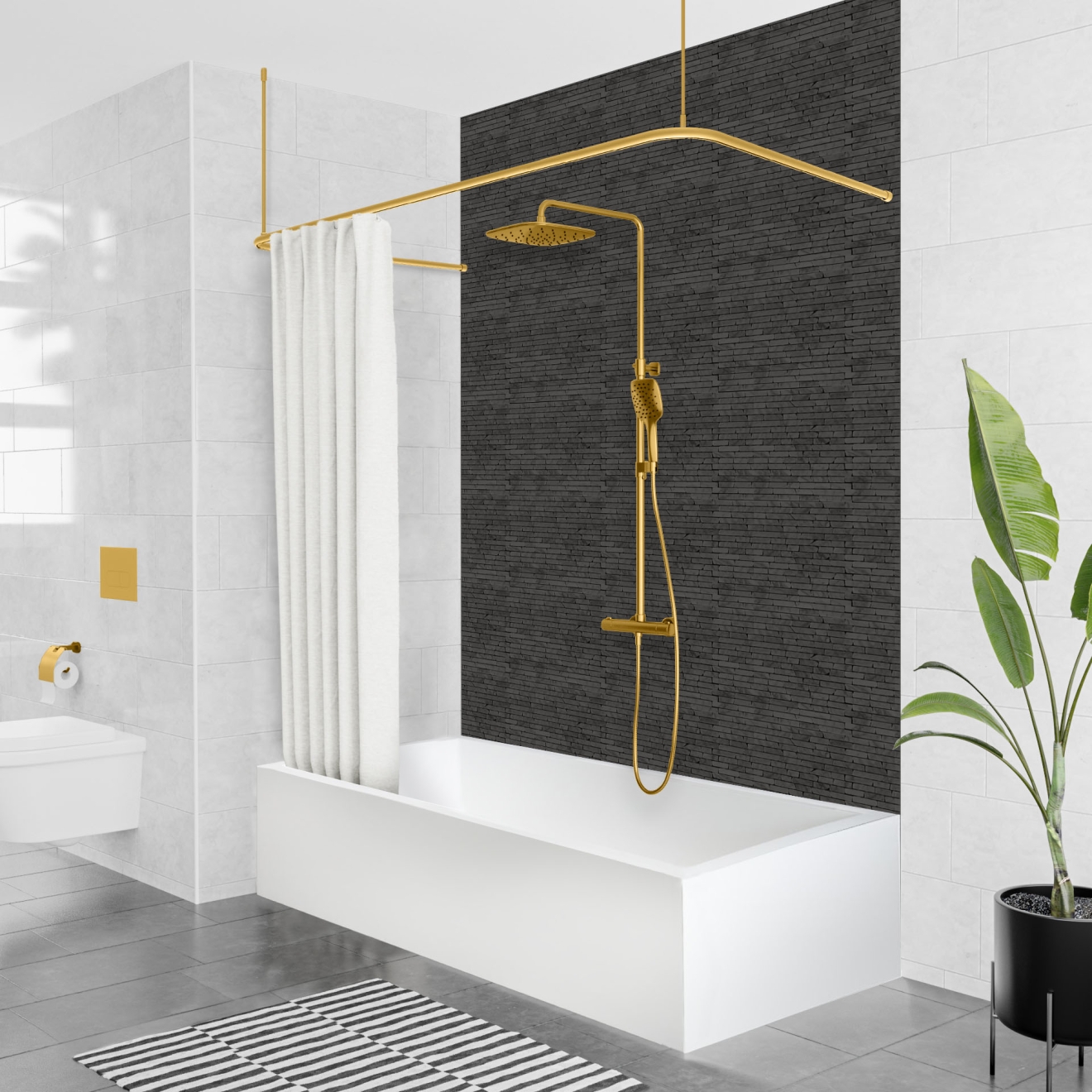 Duschvorhangstange Aluminium U-Form Messing-Optik für die Badewanne 75 x 170 x 75 cm
