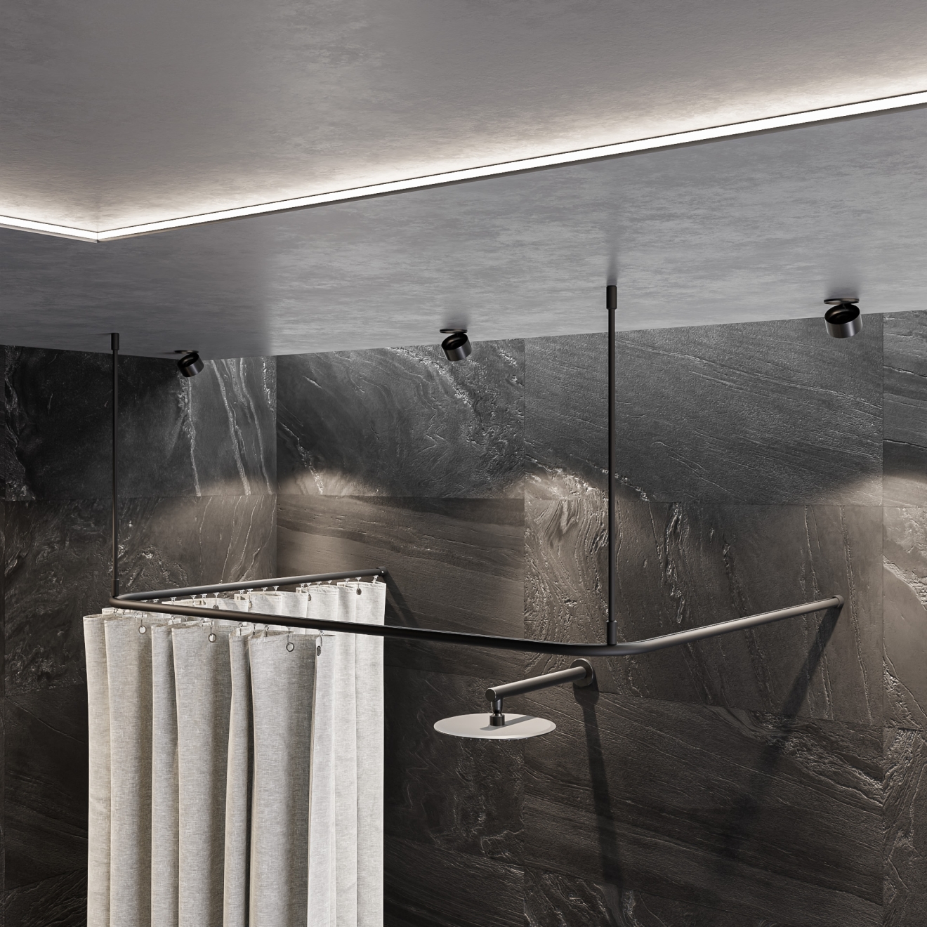 Duschvorhangstange Aluminium U-Form Schwarz für die Badewanne 75 x 170 x 75 cm