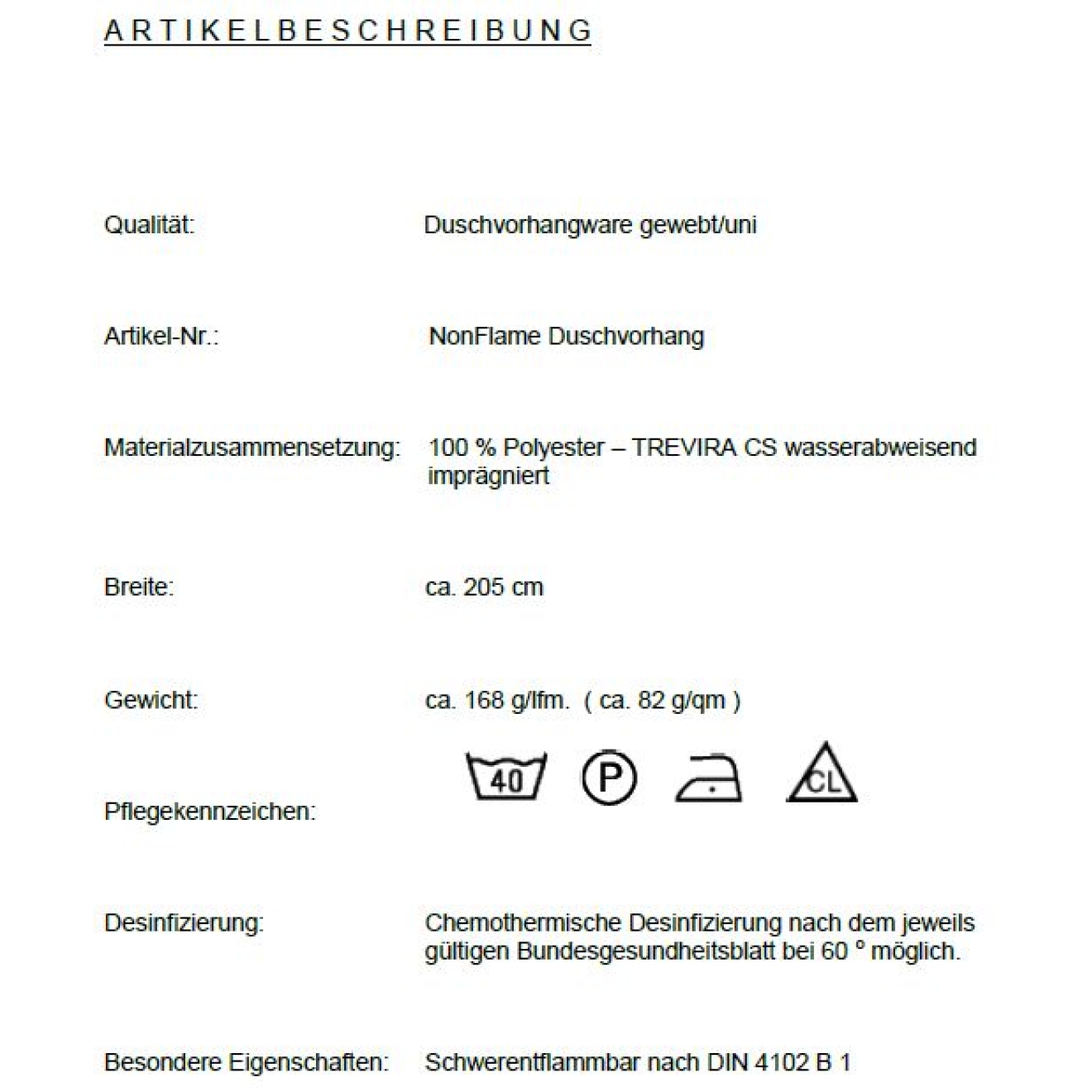 Duschvorhang Textil Non Flame weiß Trevira CS, viele Größen, alle Sondermaße