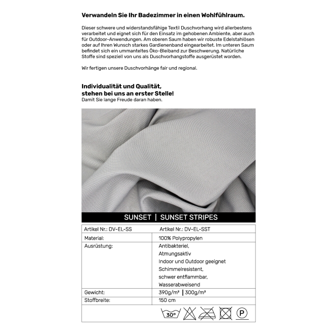 Schwerer Textil Duschvorhang Sunset aus 100% Polypropylen in Silver Maßanfertigung schwer entflammbar