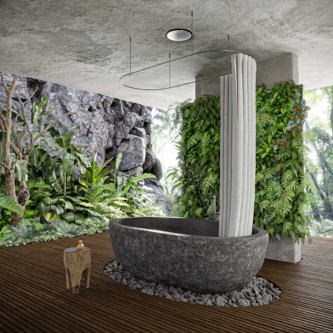 Ovale Duschvorhangstange Edelstahl mit freistehender Badewanne