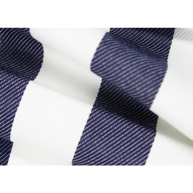 Schwerer Textil Duschvorhang Sunset Stripes aus 100% Polypropylen in deep blue gestreift Maßanfertigung schwer entflammbar