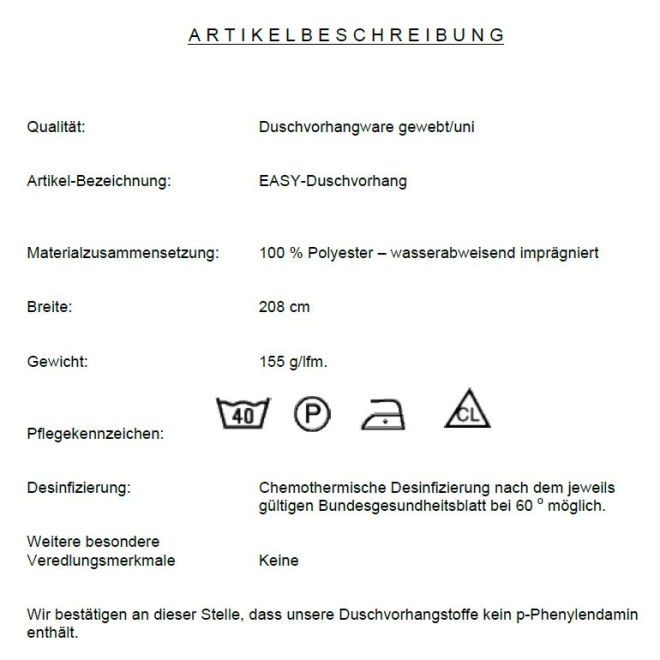 Duschvorhang Textil Easy weiß, alle Größen, schimmelresistent
