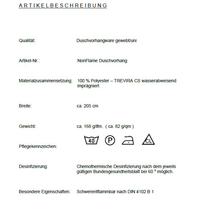 Duschvorhang Textil Non Flame weiß Trevira CS, viele Größen, alle Sondermaße