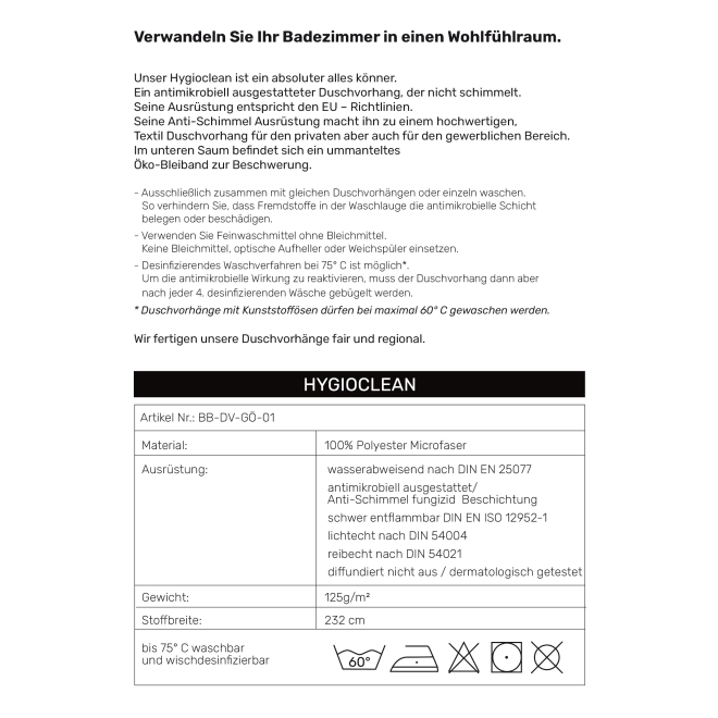 Hygioclean Duschvorhang weiß für Hygiene Bereich, schwer entflammbar, antibakteriell, fungizid, bis 75 Grad waschbar mit Ösen