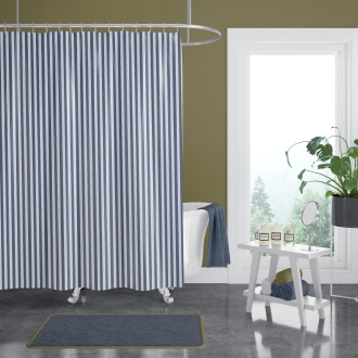 Schwerer Textil Duschvorhang Sunset Stripes aus 100% Polypropylen in deep blue gestreift Maßanfertigung schwer entflammbar